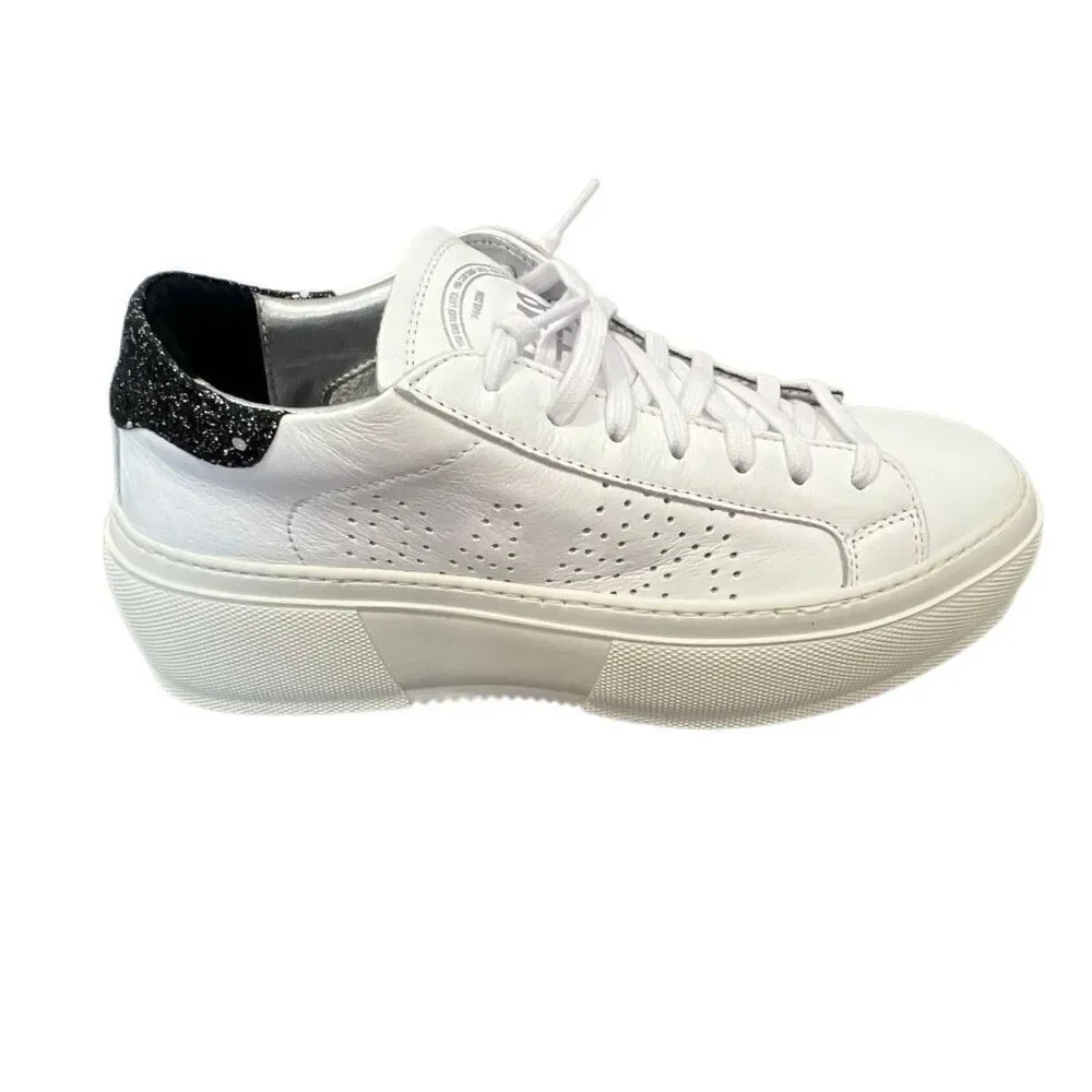 P448 Women’s Leather White Sneakers with black glitter Sz.39 Italy New